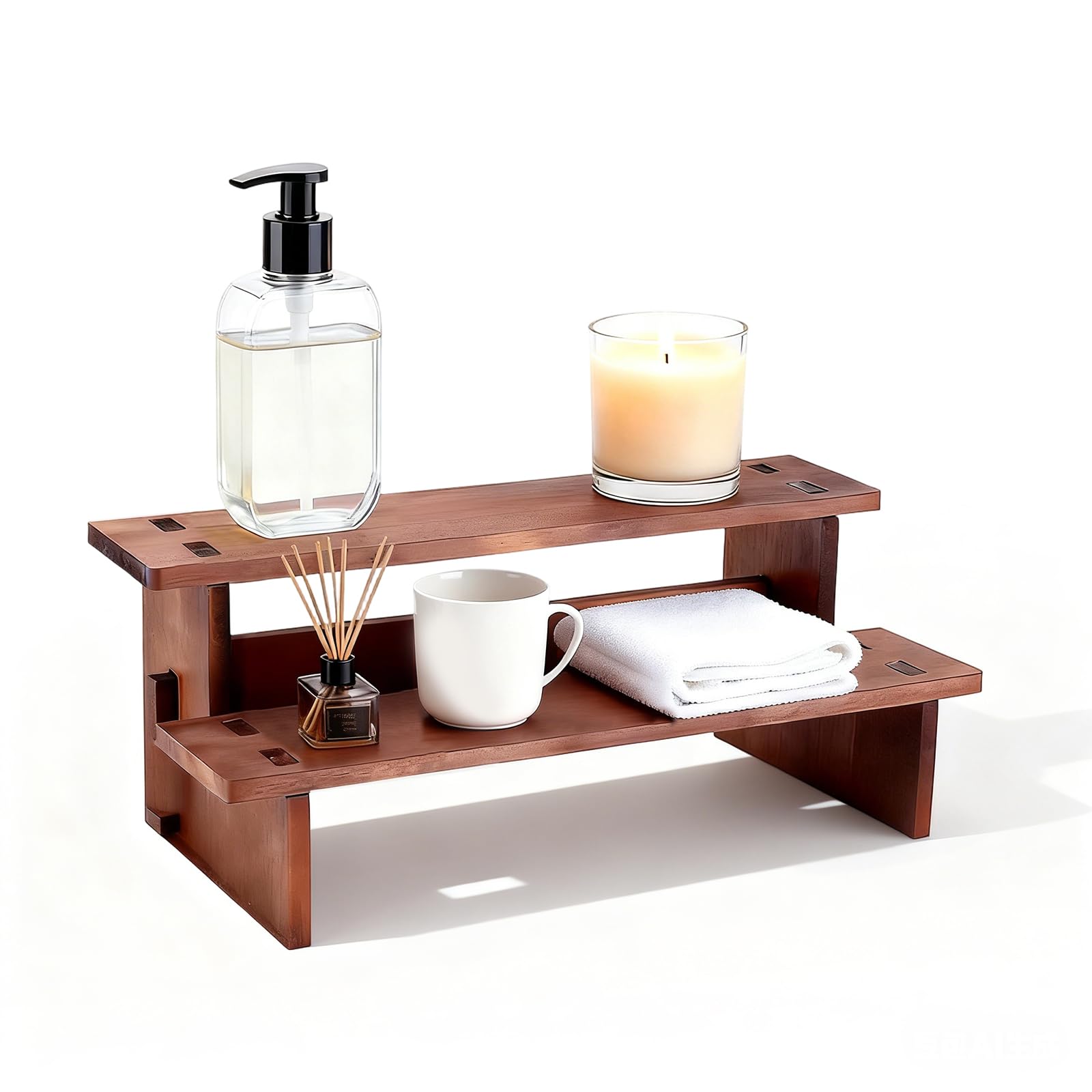 CVASNF 2-Tier Wooden Display Riser Stand, Wooden Display Riser Shelf Tabletop Small Mens Perfume Organiser for Fragrances Candles Cosmetics Cupcake Figures (Brown)