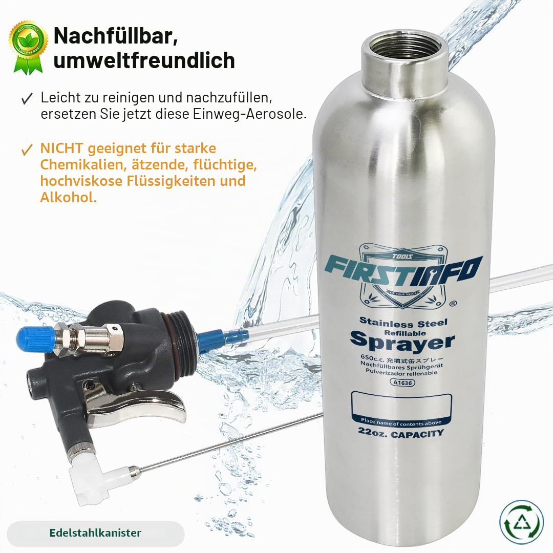 FIRSTINFO A1636 Patentierte Nachfüllbare Bremsenreiniger Sprühflasche, 650 ml Edelstahl Drucksprühgerät, Maximaldruck 110 psi, Wiederverwendbare Aerosoldose, Mit Zwei-Wege-Düse