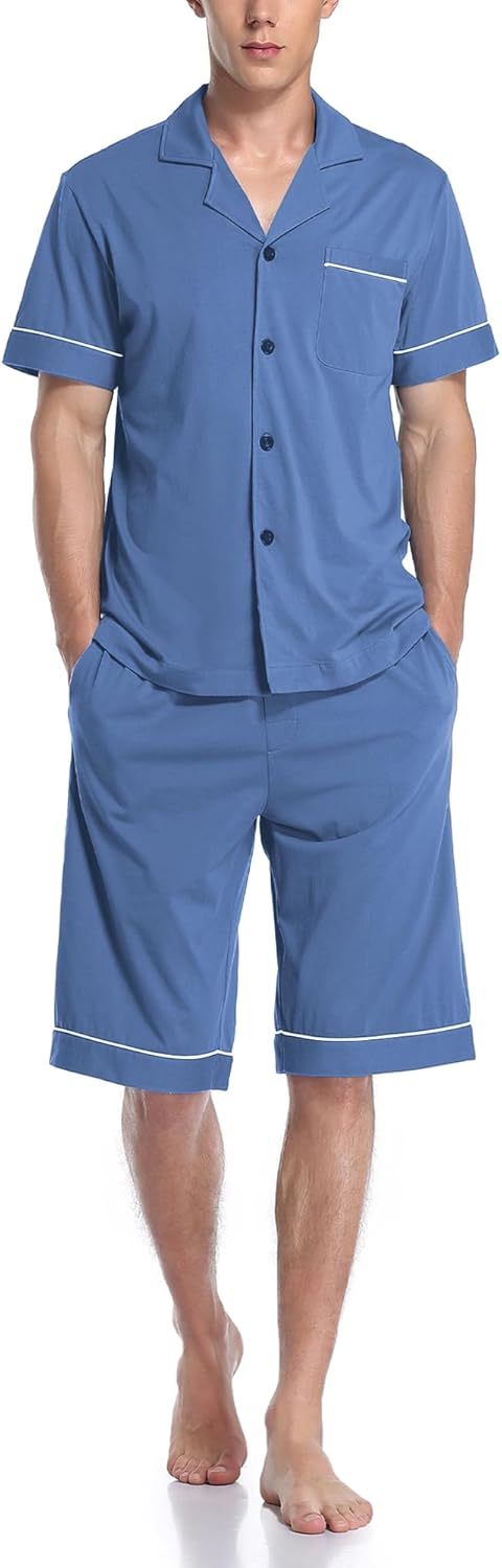 COLORFULLEAF Men's 100% Cotton Pajamas Set Short Sleeve Sleepwear Button Down Pajamas for Men Lounge Pjs with Pockets