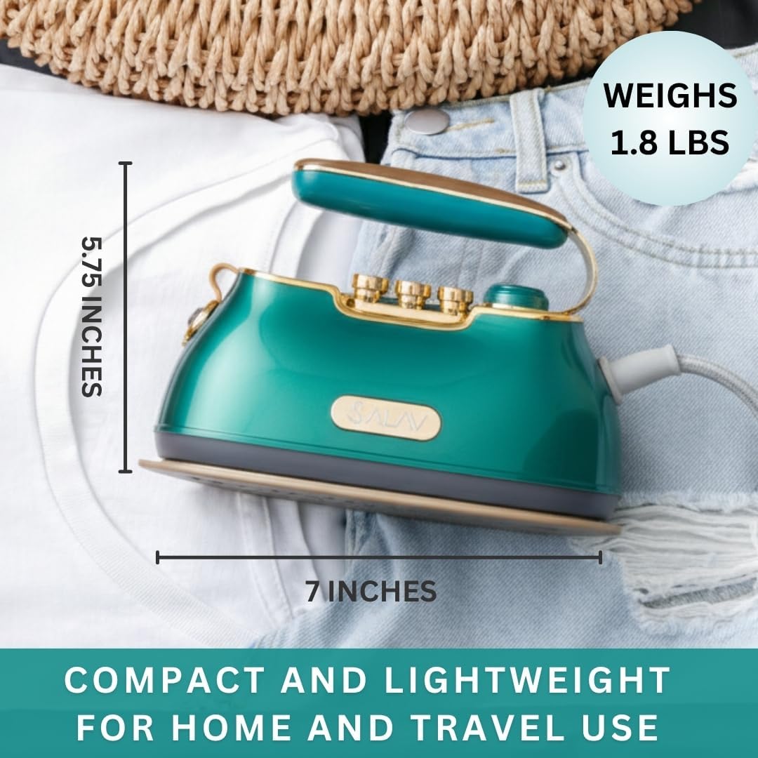 SALAV® Retro Edition Duopress Handheld Garment Steamer & Iron, Ceramic Plate, 1000W, No Drip Steam, Vertical & Horizontal Steam, Emerald - Removes Wrinkles & Refreshes Clothes, Vintage Style