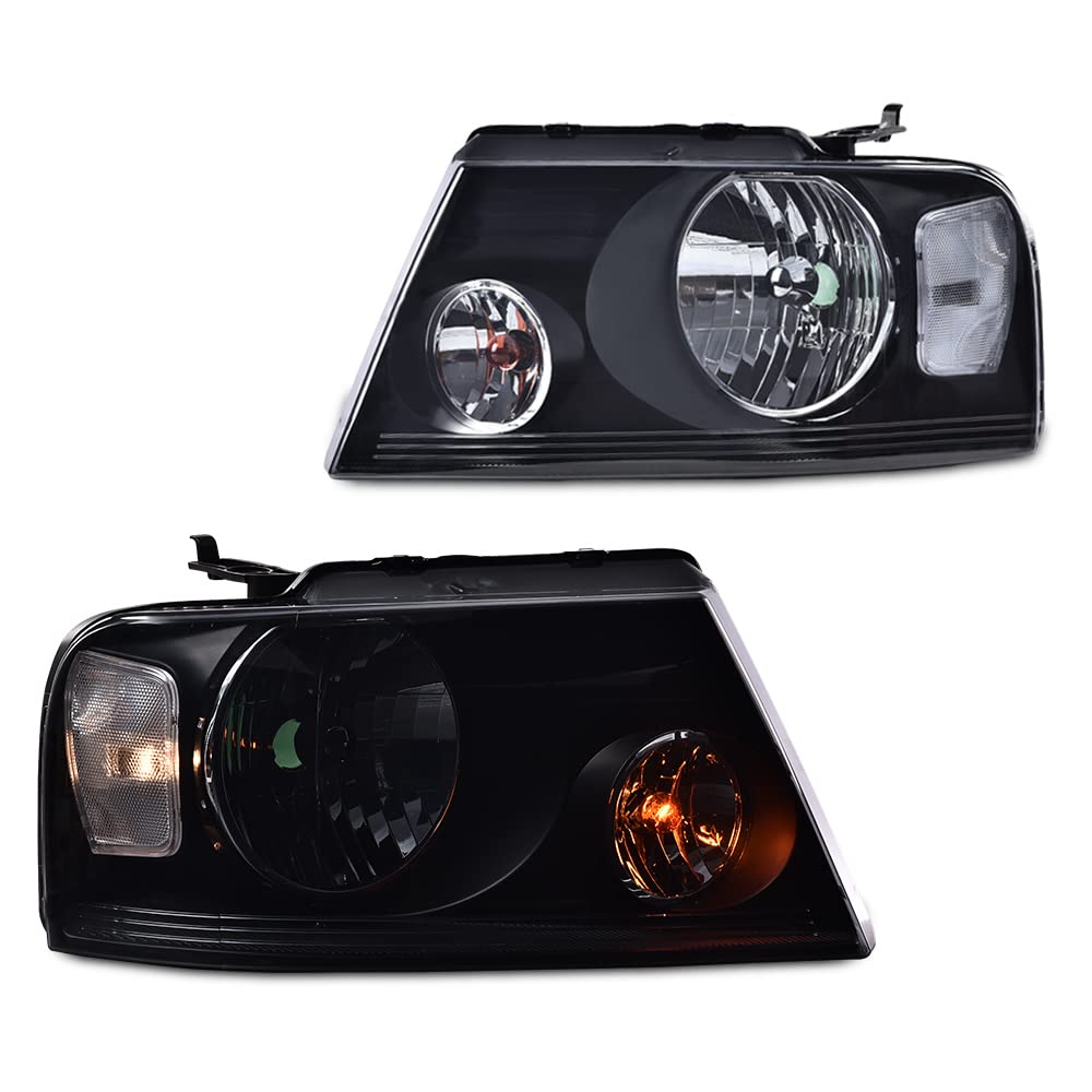 GRAND ORANGE Headlight Assembly Compatible with Ford F150 2004 2005 2006 2007 2008/ Fit Lincoln Mark LT 2006-2008 Driver & Passenger Side Headlamp Smoke lens Black Houing Clear Reflector