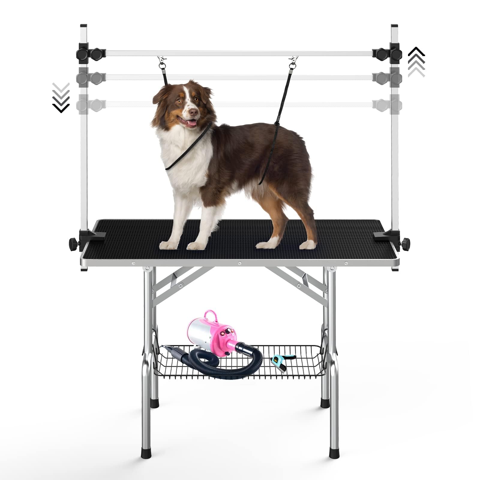 Lyromix 42'' Stainless Steel Pet Dog Grooming Table, Arm/Noose/Tray, Black