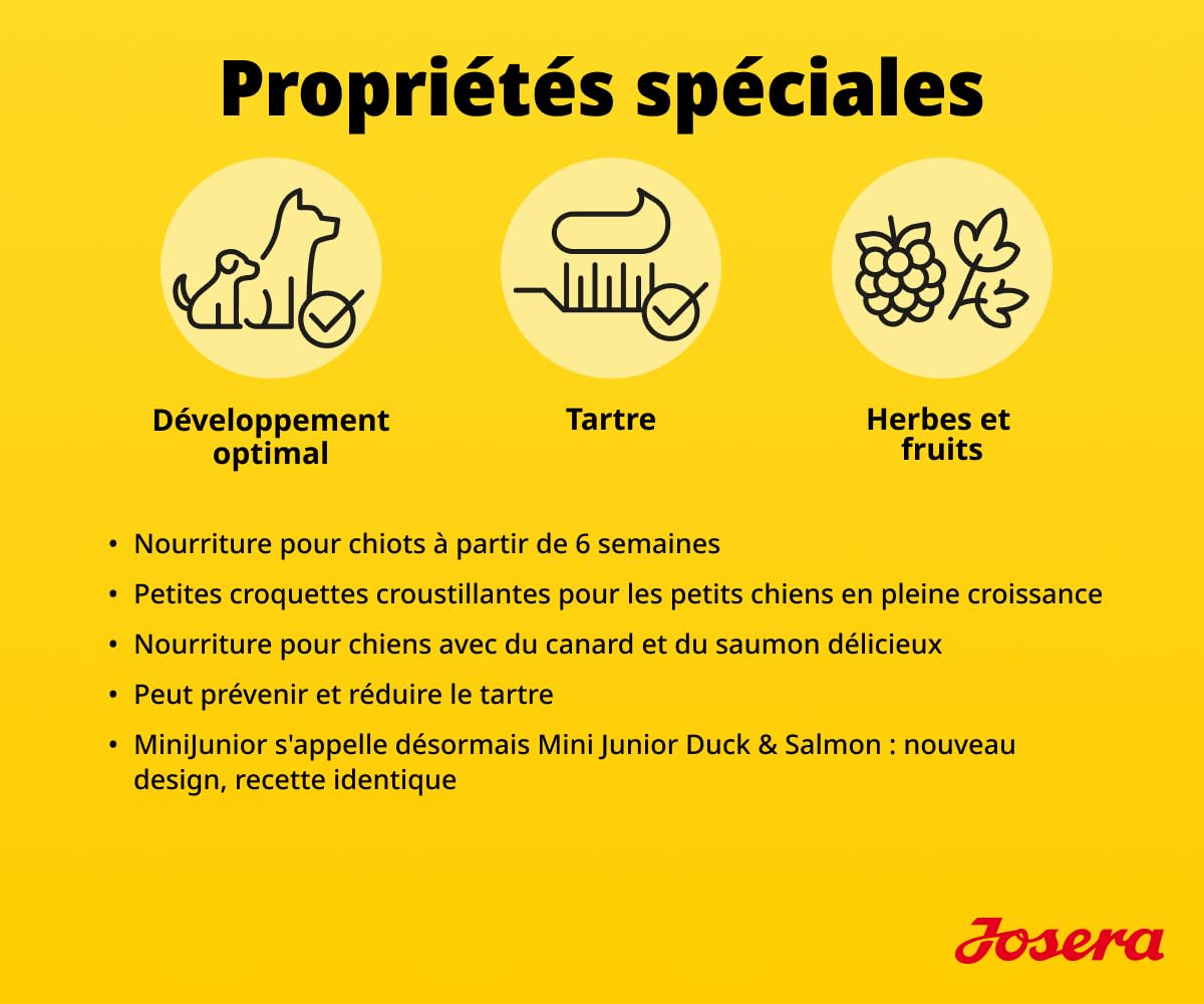 JOSERA Mini Junior Canard & Saumon (1 x 10 kg) | Croquettes Premium pour Chiots de Petites Races jusqu'à 10 kg | pour Un développement Optimal | Petites croquettes | sans Gluten | Lot de 1