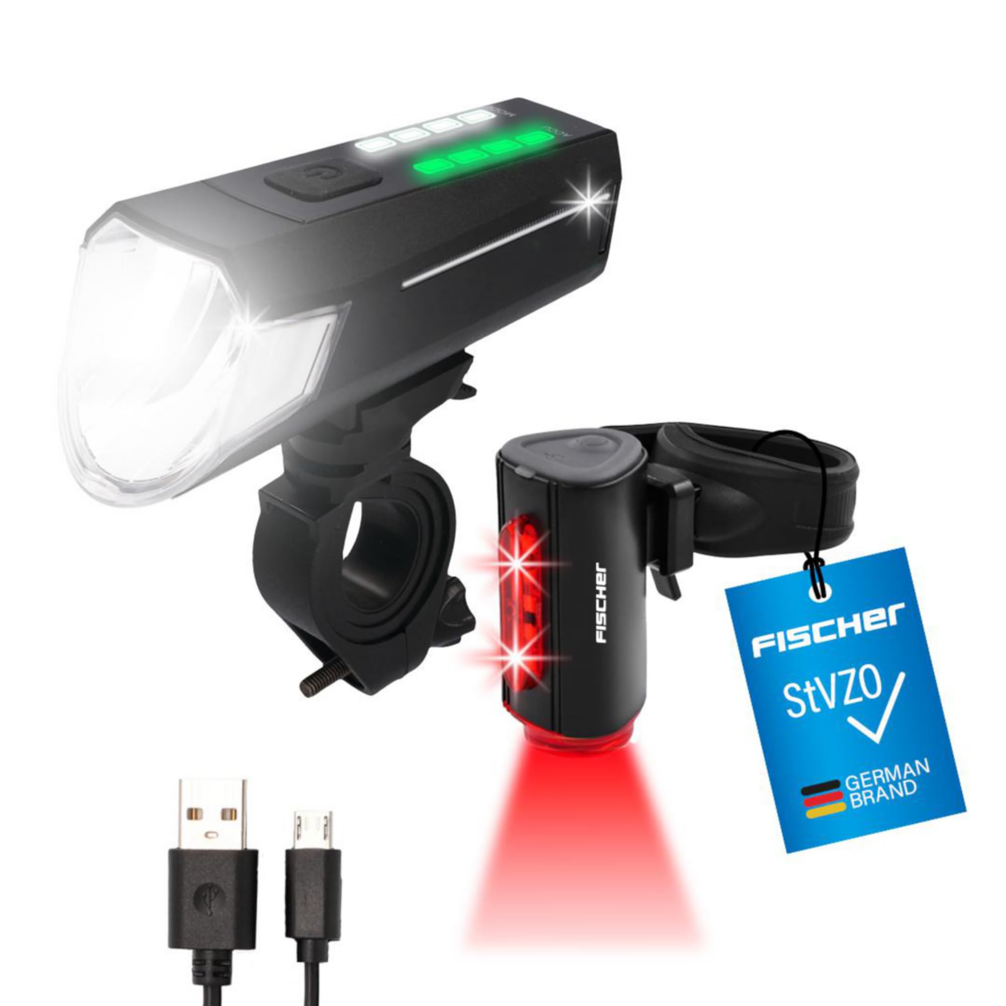 FISCHER Fahrrad-Beleuchtungsset 80/40/20 Lux, Akku-Leuchtenset Twin, Front- und 360° Rückleuchte, mit Akku und USB-Ladefunktion, 3 Leuchtfunktionen, Spritzwasserschutz nach IP44, StVZO-zugelassen