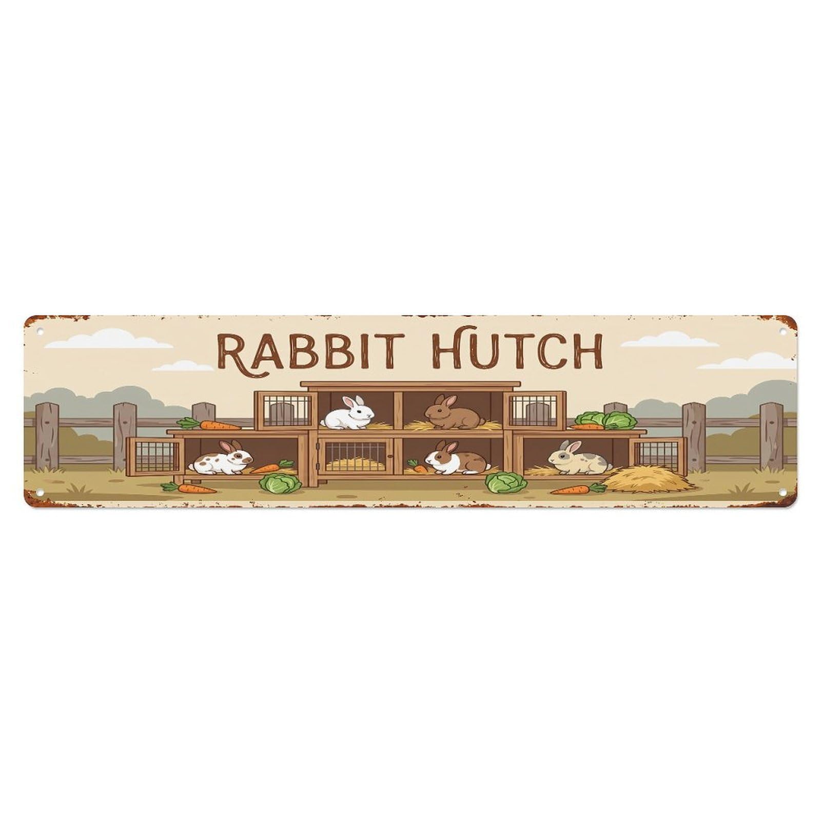Vintage Rabbit Farm Scene Rabbit Hutch Metal Tin Sign