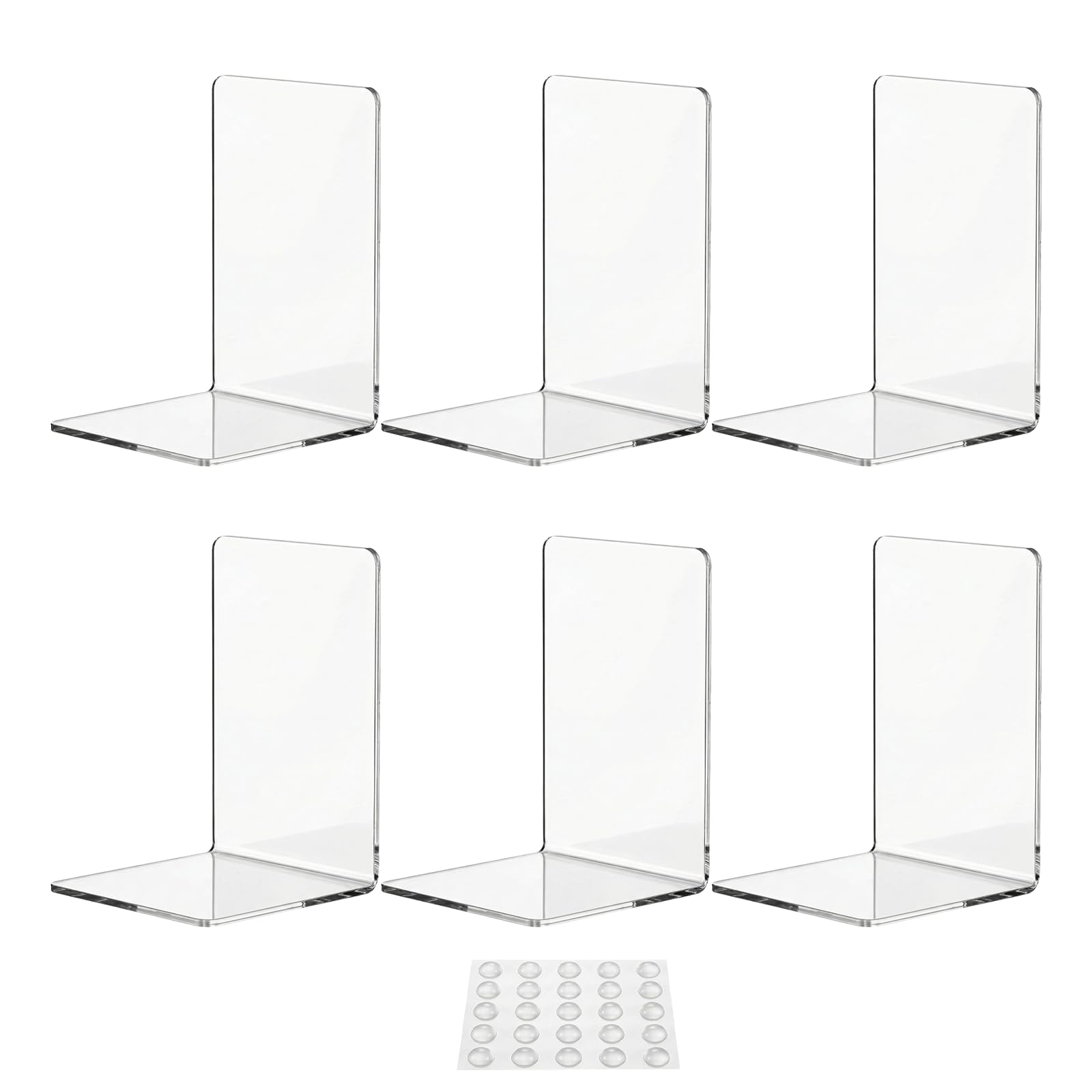 6 Pcs Acrylic Book Ends for Shelves, Clear Bookends for Shelves, Book Holder for Shelf, bBook Stoppers, bBook End Holders for Home Office Desk Table Bookshelf Books Display Stands + 25 Non-slip Pads