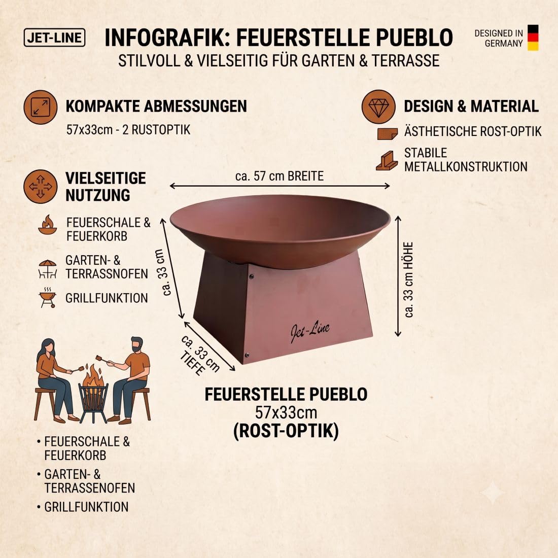 Jet-Line Feuerschale Pueblo Rostoptik Lackiert Ø 58 cm x 32 cm Hoch