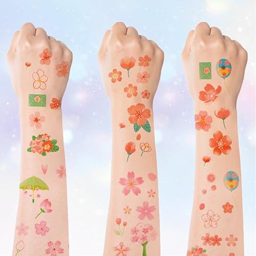 1 Box 36 Sheets Floral Temporary Tattoos Small Flower Tattoo Stickers Bulk Cherry Blossom Pink Balloon Cute Sweet Cartoon Decal for DIY Crafts Scrapbook Birthday Party Gifts Adult Decorations