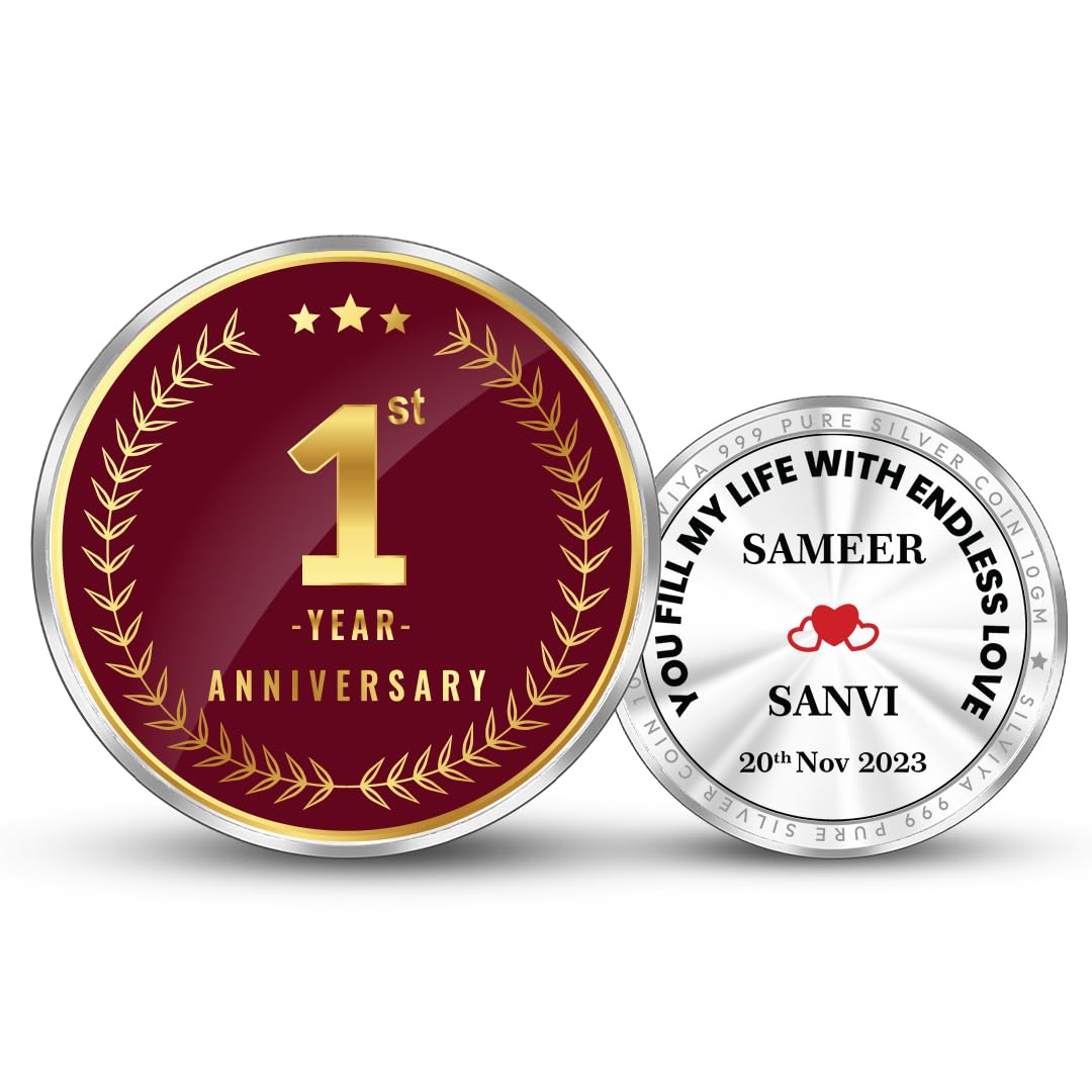 BIS Hallmarked Personalized 1st Anniversary Gift 999 Pure Silver Coin (10g, 20g, 50g, 100g) - First Year Celebration - Gift for Wife - Husband - Friends - With Certificate