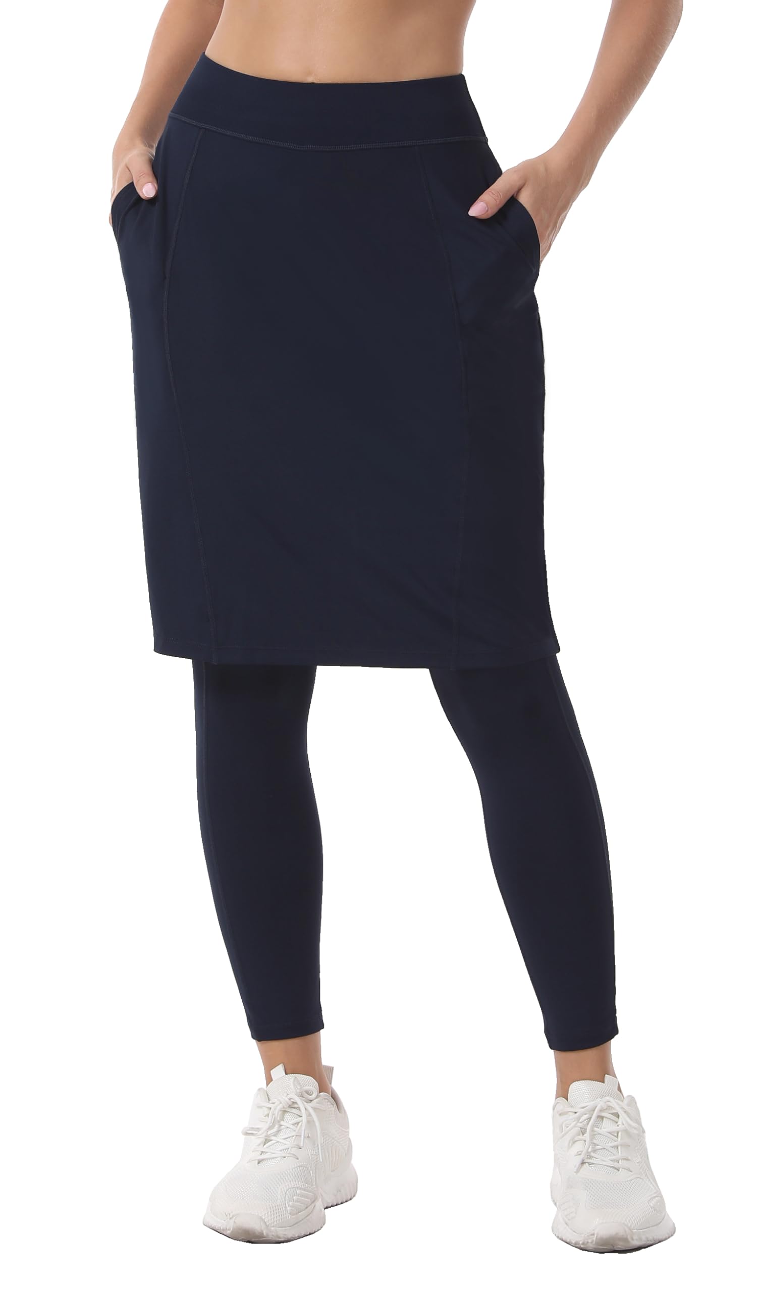 Women 23" Athletic Knee Length Skirt with Full Leggings Attached Pockets Workout Modest Skirted Capris-image-46