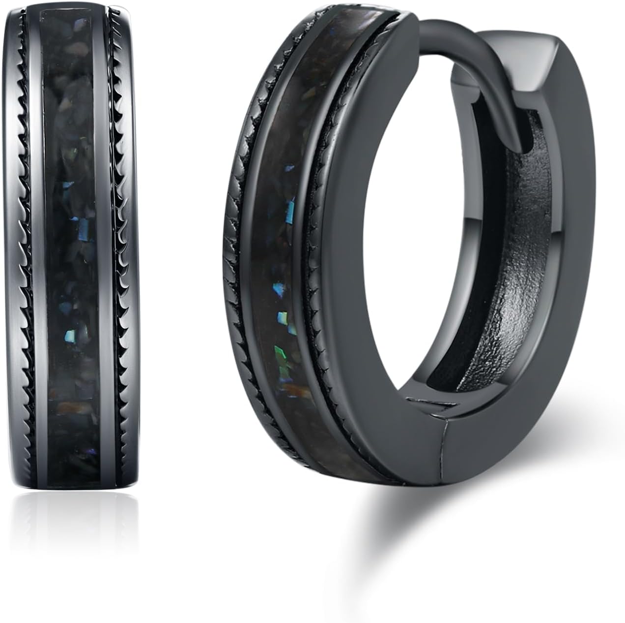 Black Hoop Earrings for Men Women 925 Sterling Silver Hypoallergenic Turquoise/Abalone Shell 15mm Huggie Earrings Punk Gothic Jewelry Gifts for Sensitive Ears Birthday