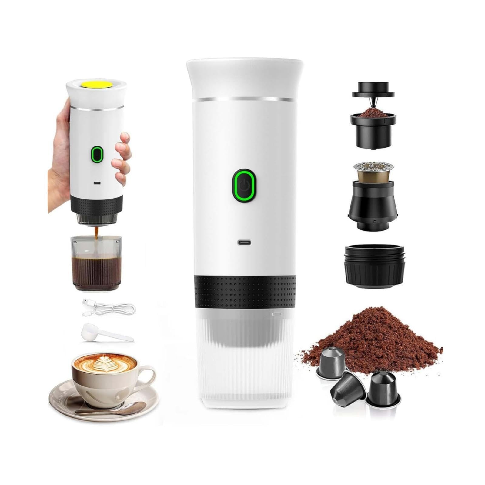 Mini Cafetera Portatil, Cafetera Portátil Cápsula de Espresso 3 en 1, Autocalentamiento de 2a6 Minutos, Para Cápsulas Pequeñas o Grandes y Café Molido,Cafetera Portátil para Oficina y Hogar (Blanco)