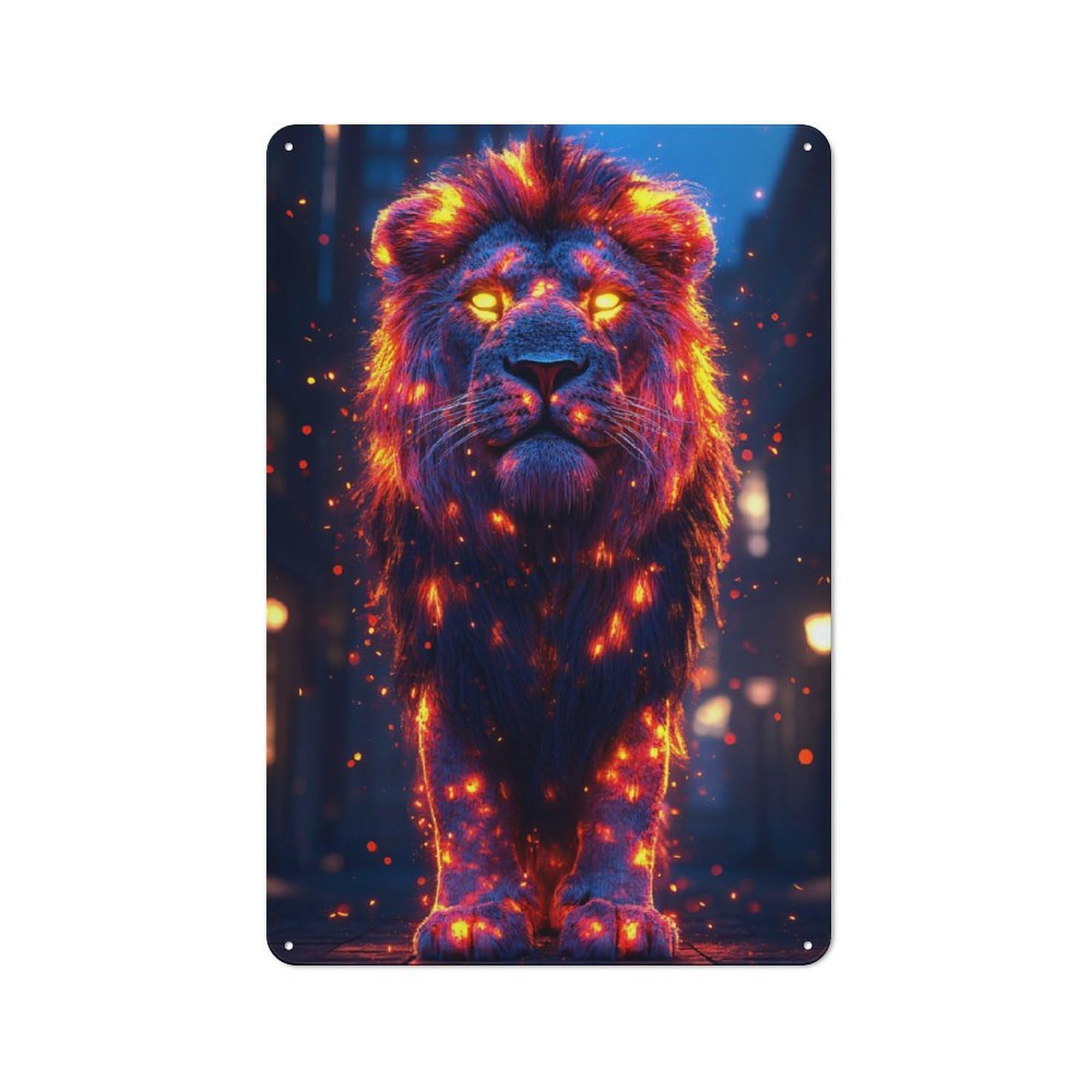 Shed Metal Sign with Fiery Lion in Urban Setting Design 30x20cm, Vintage Porch Wall Decor for Patio Bar, Workshop, Shed Or Kitchen