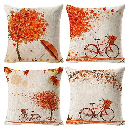 Set de 4 Fundas de Almohada, 45 x 45 cm Fundas de Cojín Acción de Gracias, Calabaza Otoño Fundas Almohadones, Funda Cojin para Exterior Sofá Cama Hogar
