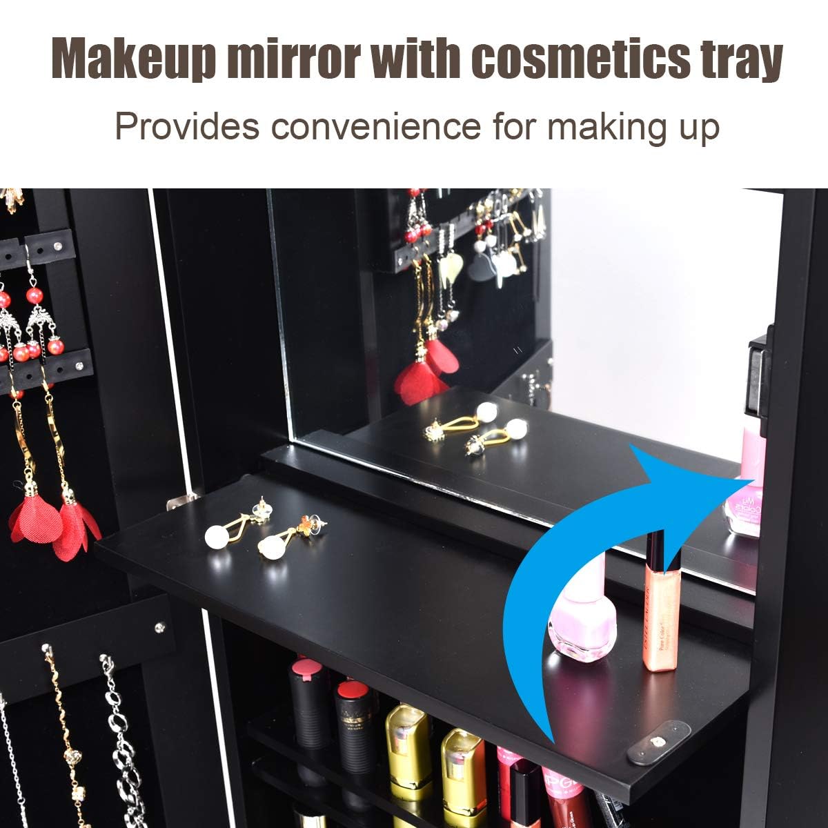 GOPLUS 2 en 1 Armoire à Bijoux avec Miroir, Organisateur de Bijoux Mural avec Lumières LED Automatiques, Armoire de Rangement Cosmétiques Verrouillable pour Chambre, Vestiaire (Noir)
