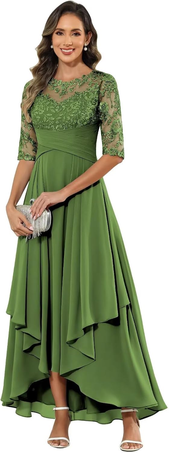 Tea Length Mother of The Bride Dresses for Women 3/4 Sleeve Lace Appliques Pleated Formal Wedding Guest Dresses