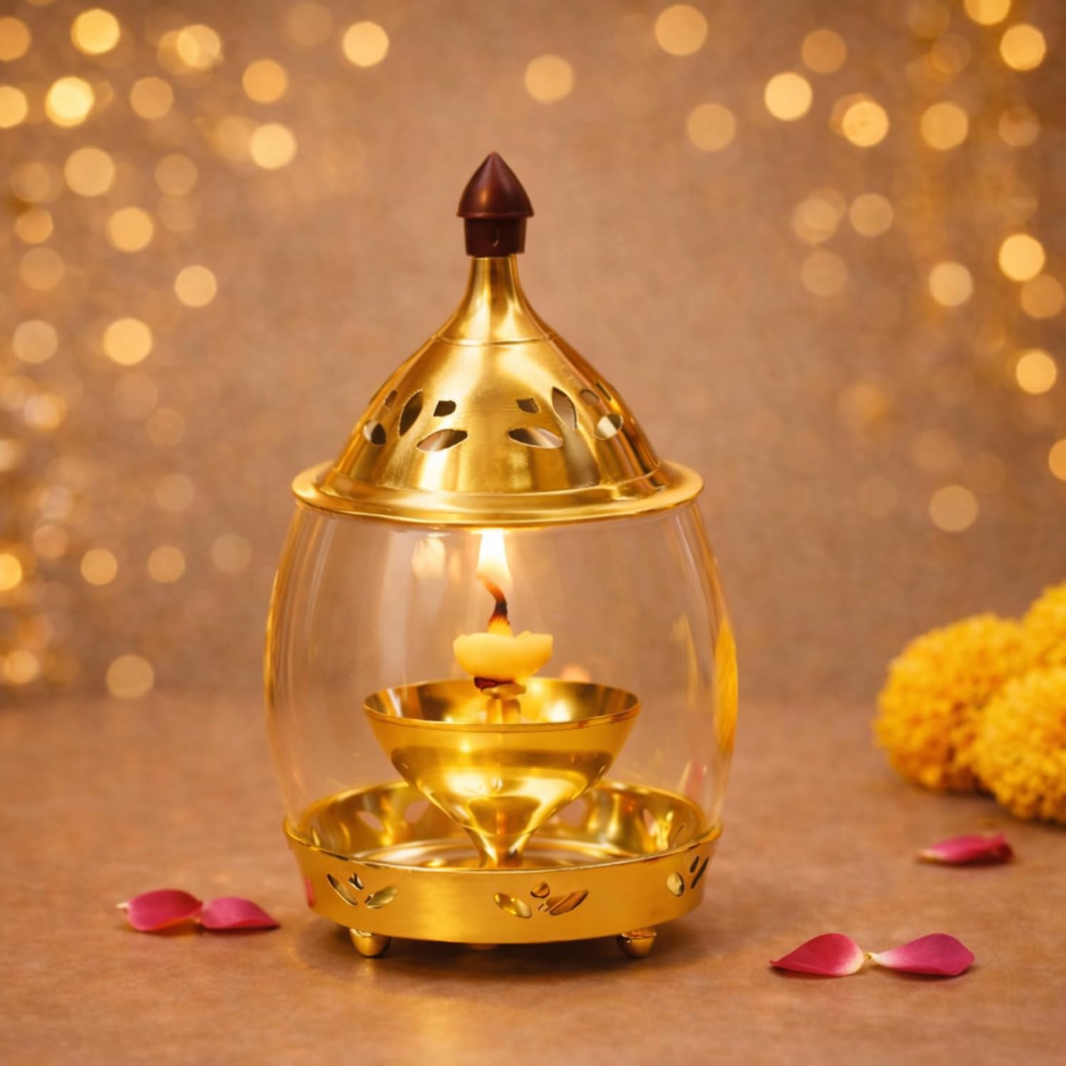 ServDharm Brass Arpan Akhand Diya for Pooja with Curved Glass Cover 6.3" | Pital Decorative Oil Lamp for Pooja and Home Decor | Deepam Vilakku for Pooja | Puja Diya for Home Mandir