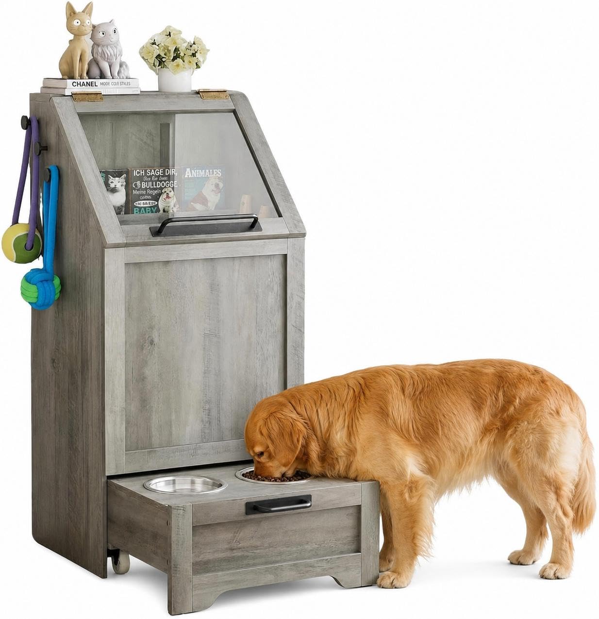 Hundefutterbox mit Klappdeckel - Futterschrank Hund mit Stauraum, Große Futteraufbewahrung für Hunde, Luftdichte Futterbox für Trockenfutter, Vorratsschrank Hundefutter weiß，90 x 43 x 35 cm