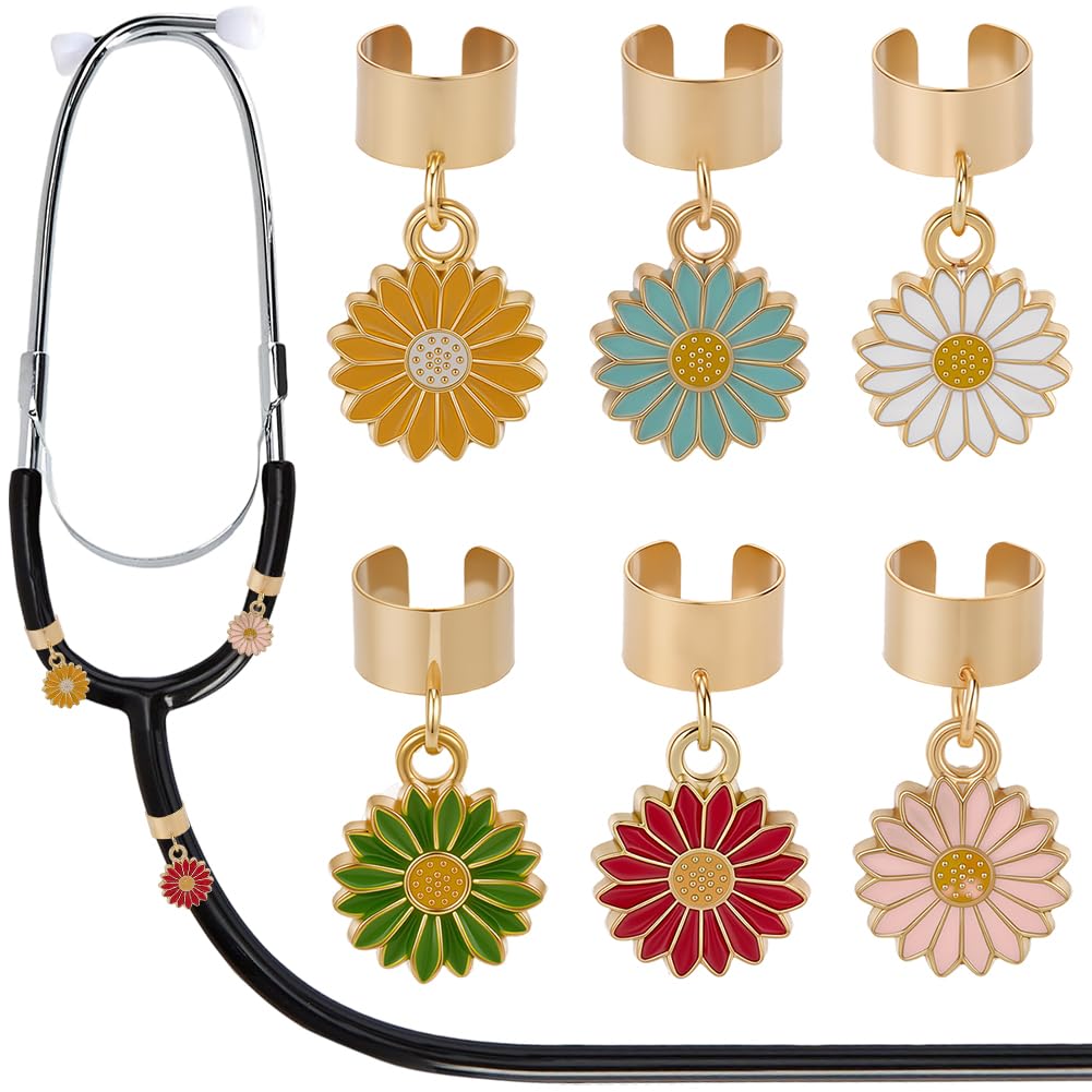 6 pieza de Dijes de Estetoscopio de Margaritas de 6 colores Accesorios para Estetoscopio Lindas Pequeñas Flores de Esmalte de Aleación de Oro Decoración de Colores Mixtos Dijes de Etiqueta de