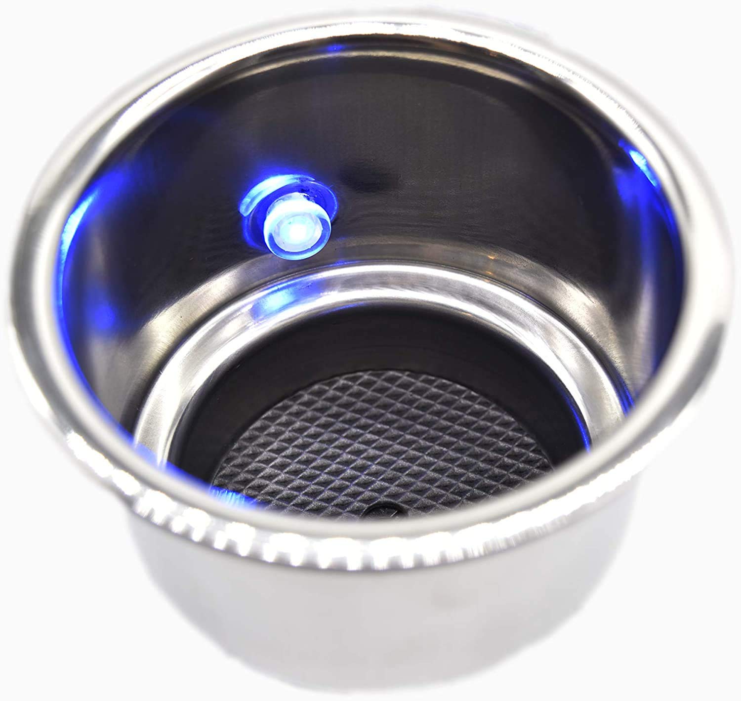 MARINE CITY Stainless Steel Blue LED Light Drink Cup Holder with Drain for Marines – Boats – RVs – Poker Tables – Counter Tops – Dashboards (Pack of 1)