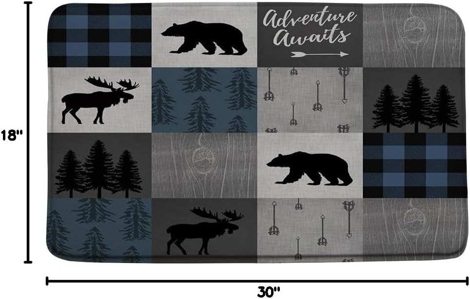 2 Pcs Retro Rustic Cabin Bath Mat Blue Black Buffalo Check Bear Moose Deer Elk Forest Hunting Memory Foam Soft Doormat Kitchen Bathroom Mat/Rugs