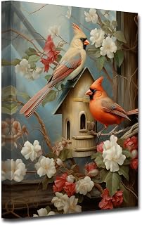 CXHOSTENT Cardinal Wall Art Cardinal Bird with Vintage Flower Canvas Prints Paintings Animals Birds Picture for Rustic Kitchen Bathroom Decor Framed (Cardinal-1, 24.00"x36.00")