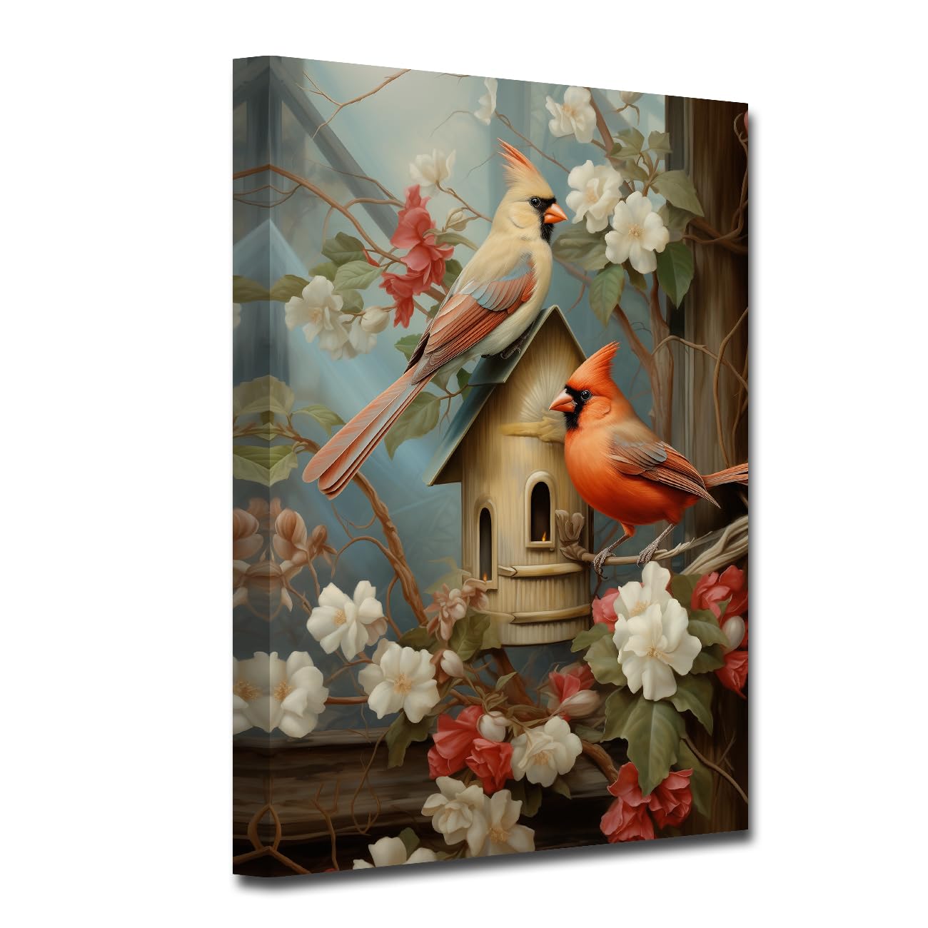 CXHOSTENT Kardinal Leinwandbilder Kardinalvogel mit Vintage Blumen Kunstdruck Tiere Vögel Bilder für rustikale Küche Badezimmer Dekor (A, 70.00 x 105.00 cms)