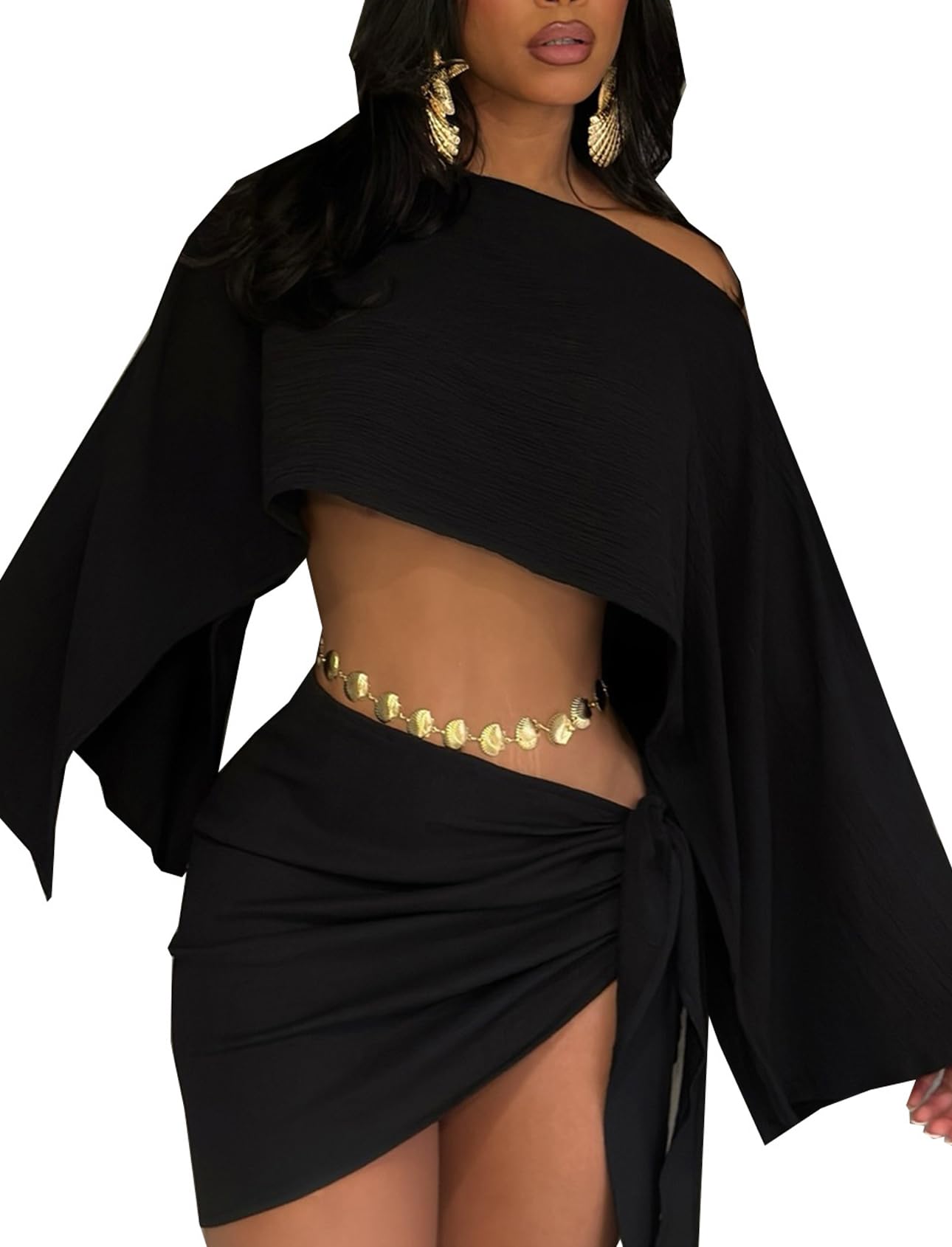 JYAOVO Women's 2 Piece Outfits Batwing Off Shoulder Irregular Crop Top and Mini Skirt Set Sexy Matching Sets