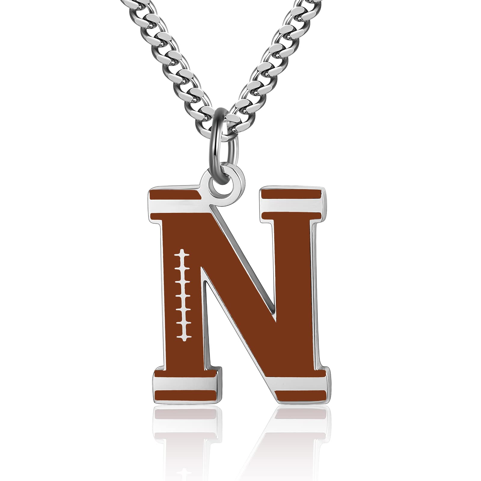 AIAINAGI Football Letter Necklace - Men's Football Charm Pendant, Stainless Steel Silver Chain, 22inch Personalized Gift