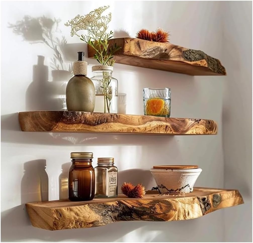 Rustic Live Edge Wall Mounted Floating Shelves, Natural Wood, Kitchen Bathroom Storage Display (24" W X 8" D X 1.5" (Inches))