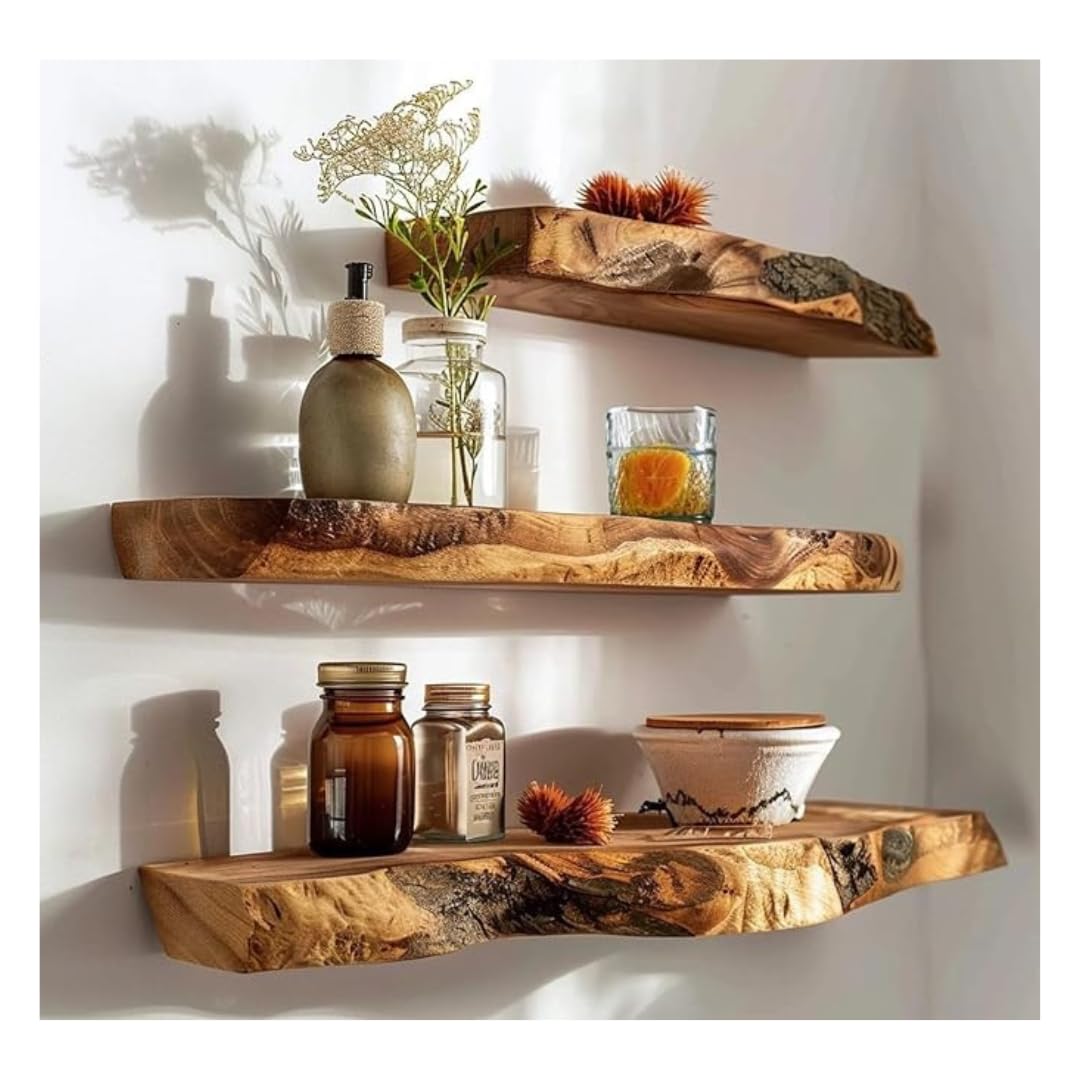Rustic Live Edge Wall Mounted Floating Shelves, Natural Wood, Kitchen Bathroom Storage Display (24" W X 8" D X 1.5" (Inches))