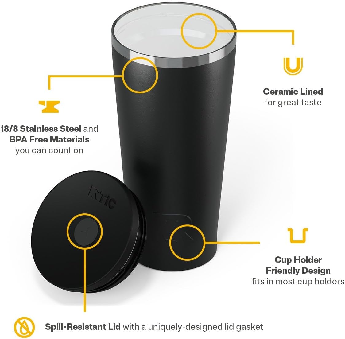 RTIC 20oz Everyday Tumbler Insulated Stainless Steel Portable Travel Coffee Cup with Straw, Ceramic Lining, Spill-Resistant Lid, BPA-Free, Hot and Cold Drink, Black - Image 4