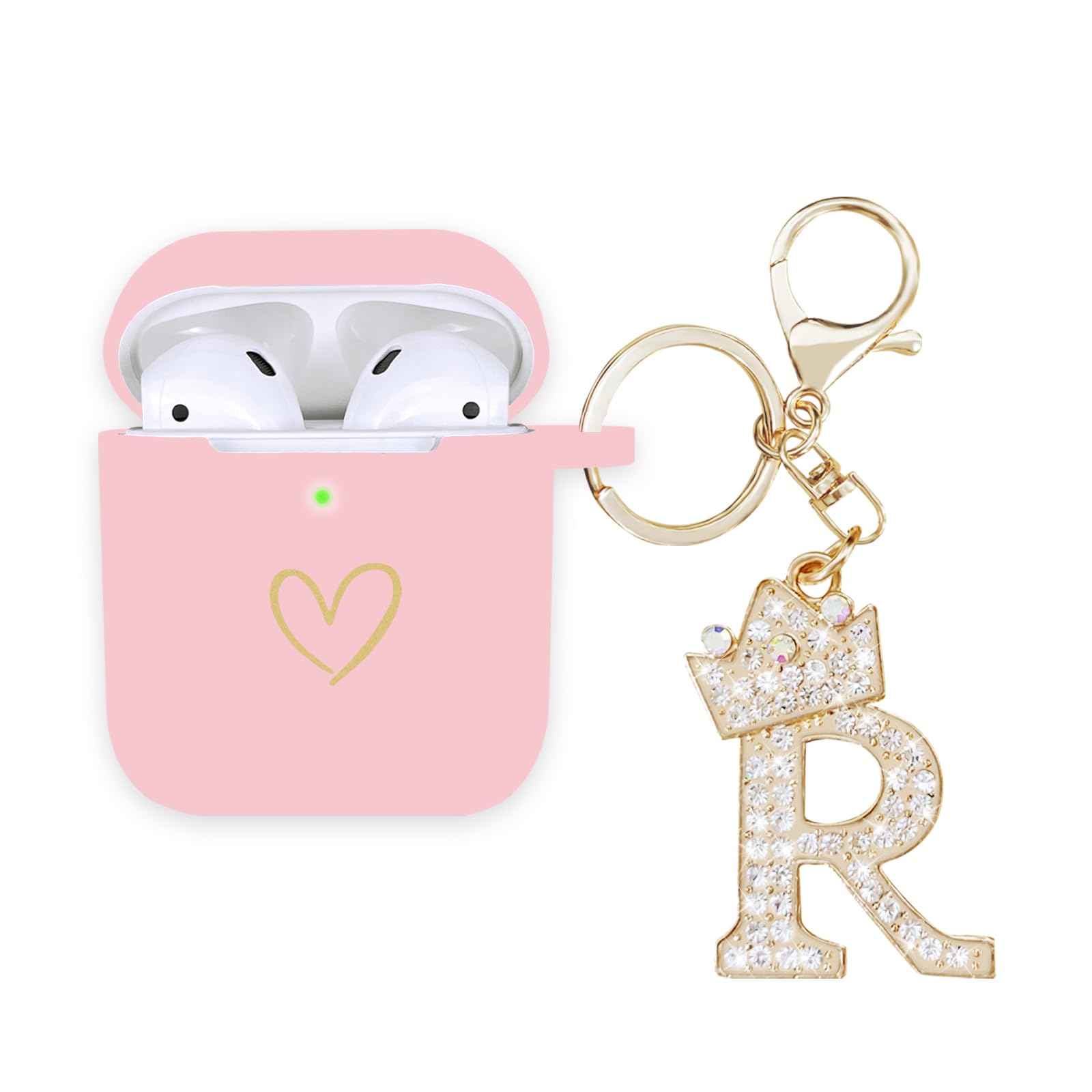 AIIEKZ Compatible with AirPods Case Cover, Soft Silicone Case with Gold Heart Pattern for AirPods 2&1 Generation Case with Rhinestone Studded Letter
