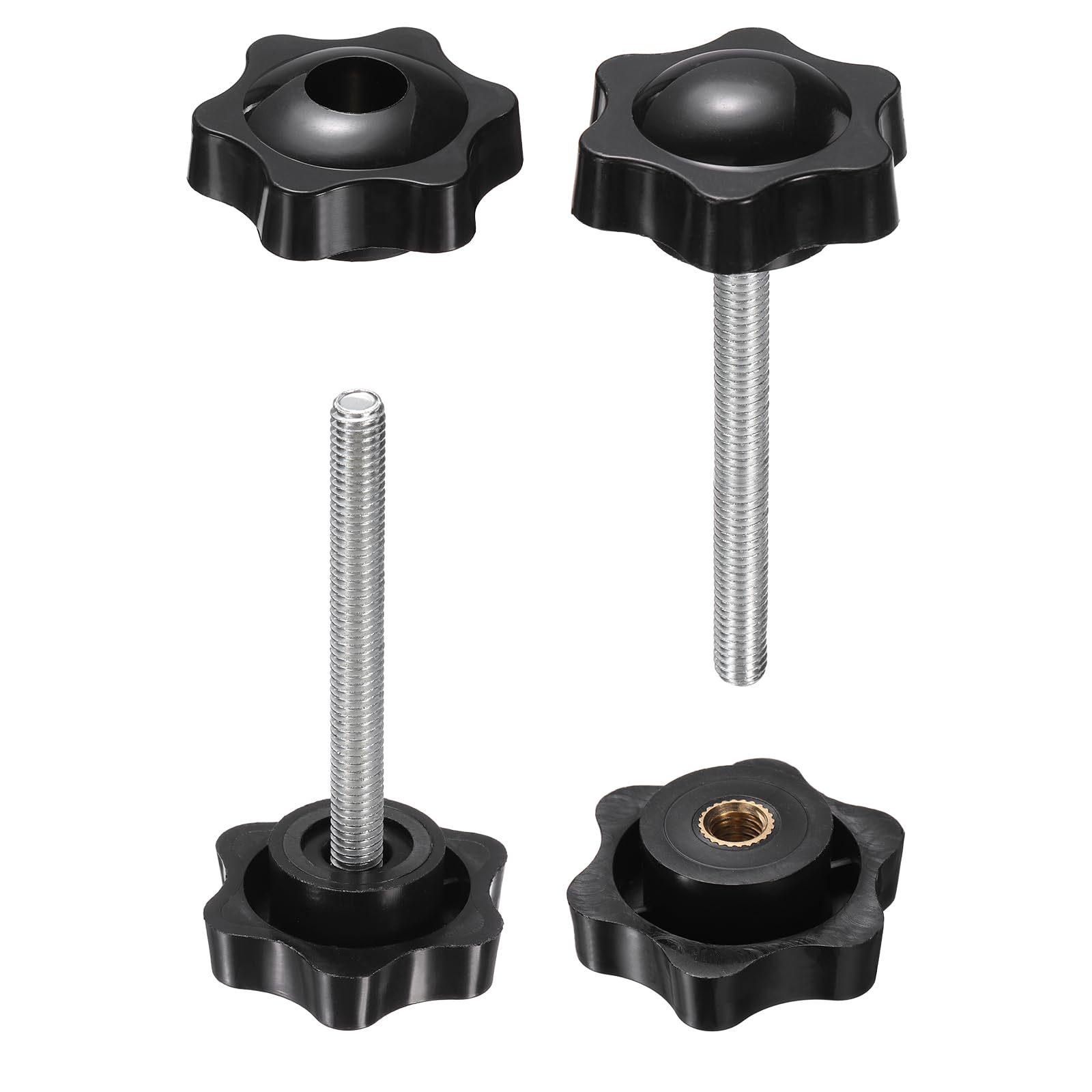sourcing map 2 Set Star Knobs M6 x 60mm Male + M6 Female Thread 38mm Head Metric 6-Star Threaded Stud Clamping Handles Screw in Through Hole Hand Jig Knob Thumb Screws, Black