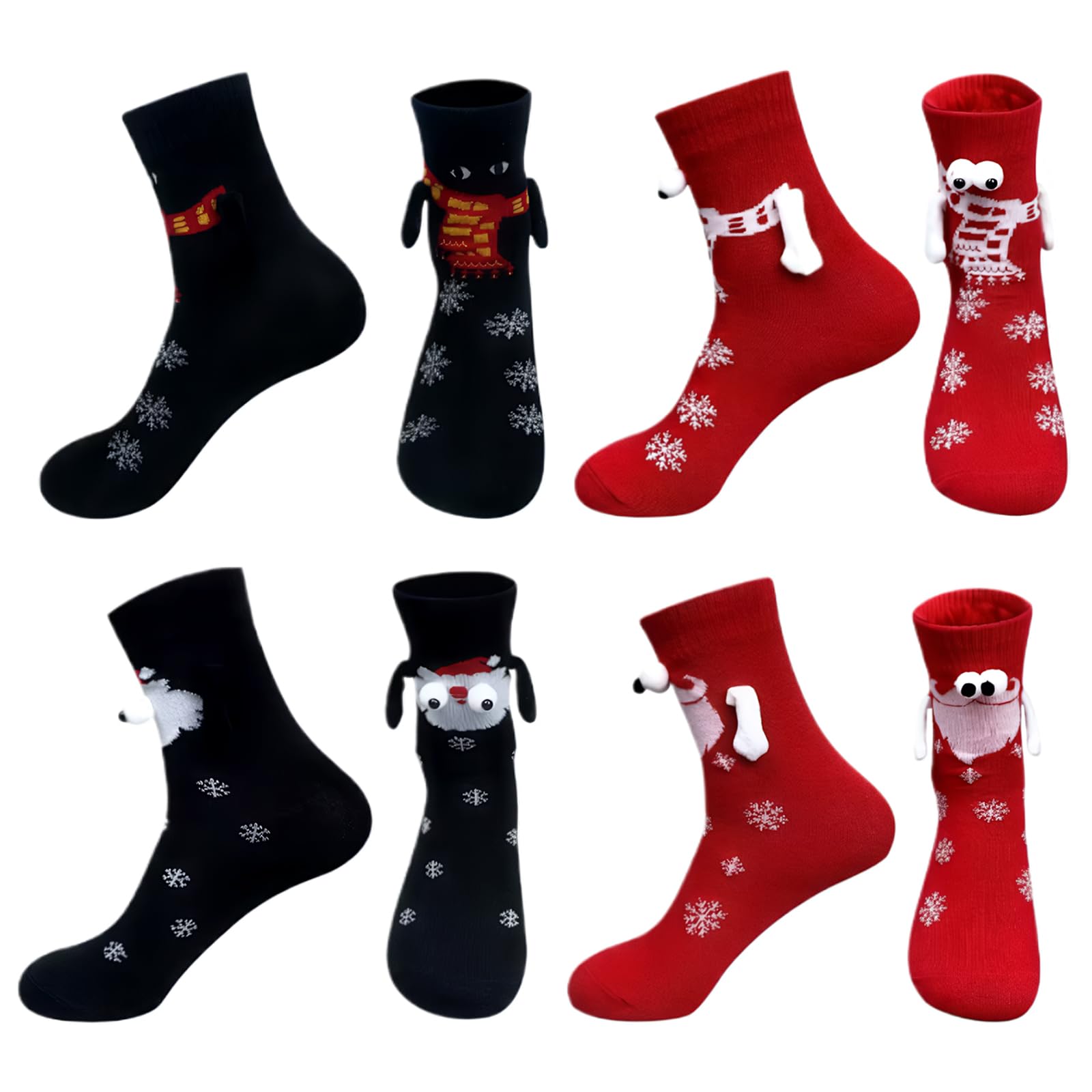 Holding Hands Socks, 4 Pairs Friendship Couple Novelty Socks, Christmas 3D Doll Couple Magnetic Sock, Cute Unisex Funny Mid Tube Sock for Women Men Friends Cou ple(Black, Red)