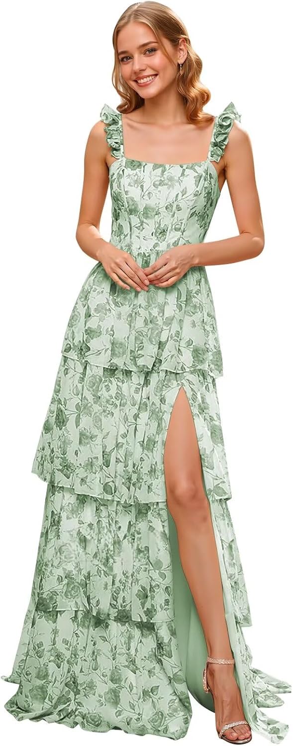 Tiered Chiffon Bridesmaid Dress FloralSpaghetti Strap A-Line Tiered Hight Waist Prom Dress with Slit