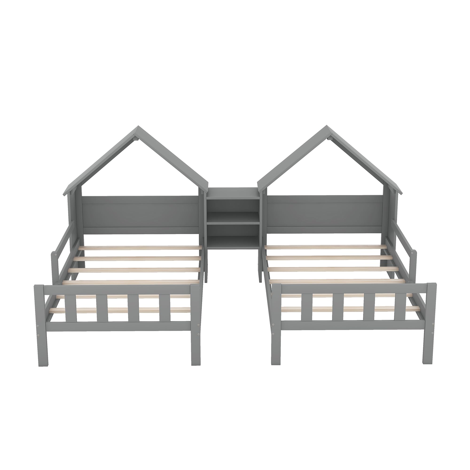 Underside view of the bed frame showing wooden slats