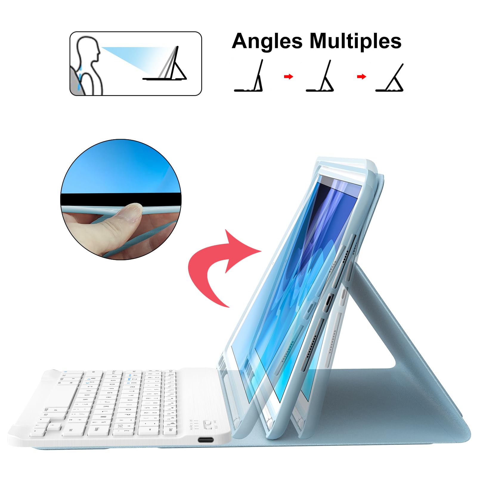 Coque Clavier pour iPad 9e/8e/7e Génération 10.2 Pouces, AZERTY Français Housse Clavier Bluetooth Détachable avec Porte Crayon pour iPad 2021/2020/2019 10.2"/Air 3 2019/iPad Pro 10.5 2017, Bleu Ciel