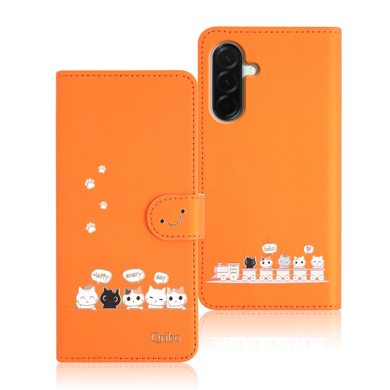 Qribo 適合 Galaxy S26 ケース 手帳型 用の ギャラクシーs26ケース コンパチ Galaxy S26 手帳型ケース シンプルなのに可愛いデザイン エンボス加工猫柄 うれしい気持ち SCG36 SC-51G ケース 6.3インチ対応 ギャラクシーs26 スマホケース 薄型 防水 の耐久性 滑り防止 美しい 贈り物 友達 - オレンジ