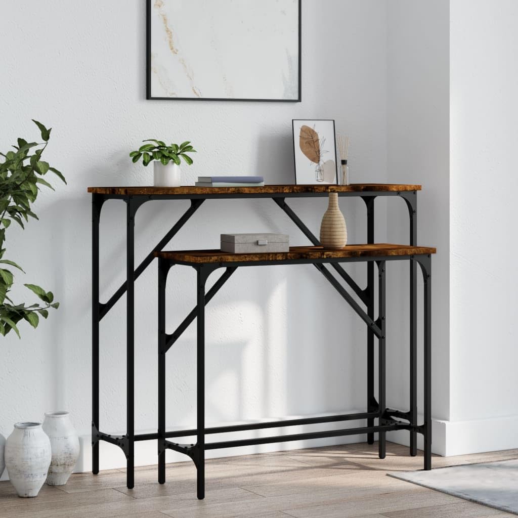 SXZenSpace Console Table Set 2 pcs Smoked Oak Engineered Wood and Metal Frame 95x26x80 cm Adjustable Feet Hallway Side for Living Room Corridor Bedroom