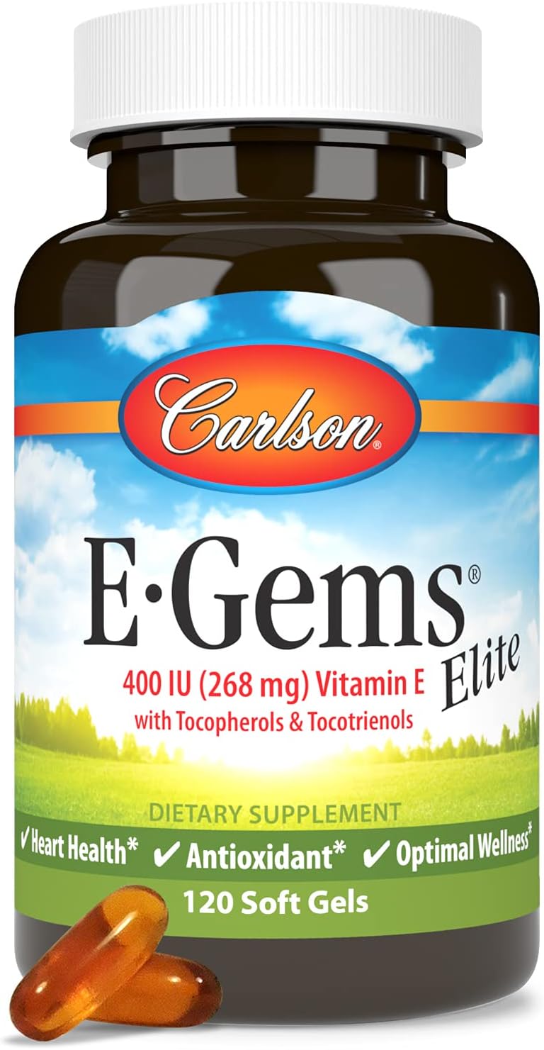 Carlson - E-Gems Elite, 400 IU (268 mg) Vitamin E with Tocopherols & Tocotrienols, Heart Health & Optimal Wellness, Antioxidant, 120 Soft Gels