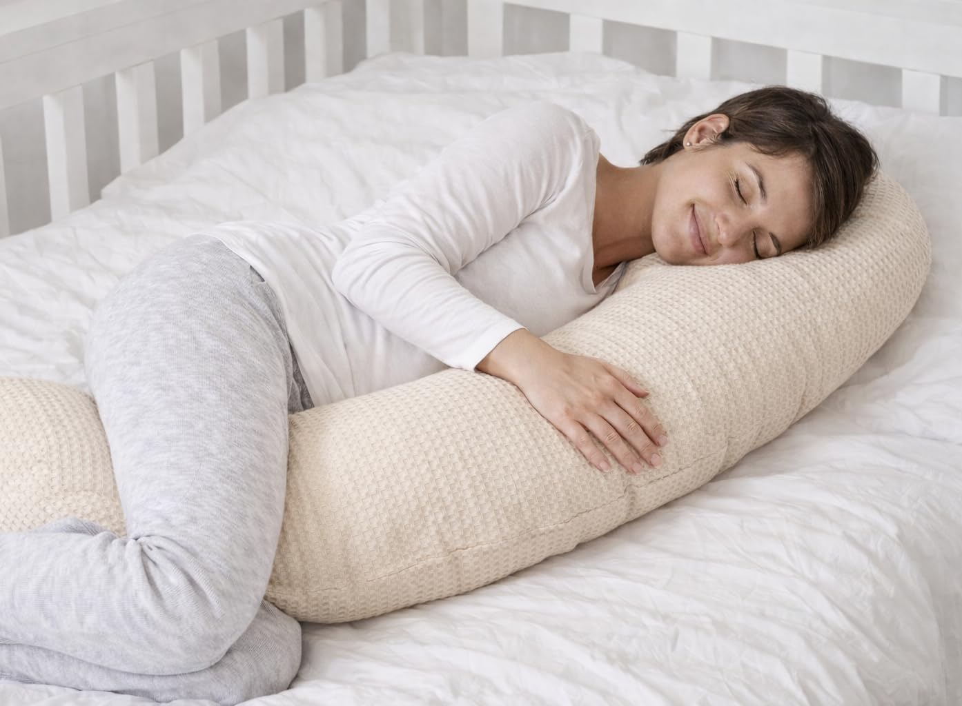 Schwangerschaftskissen & Stillkissen – 2-in-1 Seitenschläferkissen, Bezug aus 100% Baumwolle, OEKO-TEX Standard 100 zertifiziert, weich gefüllt, waschbar, ergonomisch & vielseitig nutzbar - Hellbeige
