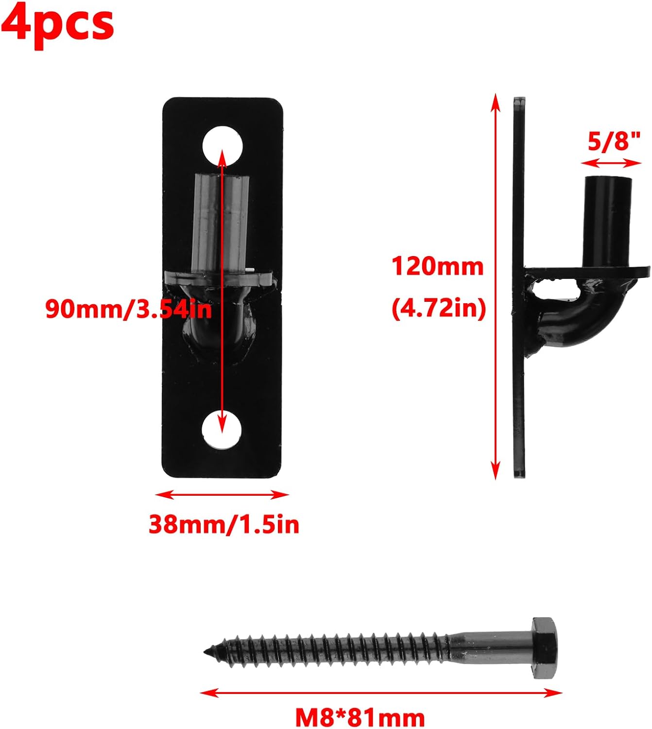 Antrader Wall Mount Gate Hinge,Heavy Duty Wall Plate Hinges with 5/8 Hinge Pin,304 Stainless Steel,Black,4Pcs (with Screws