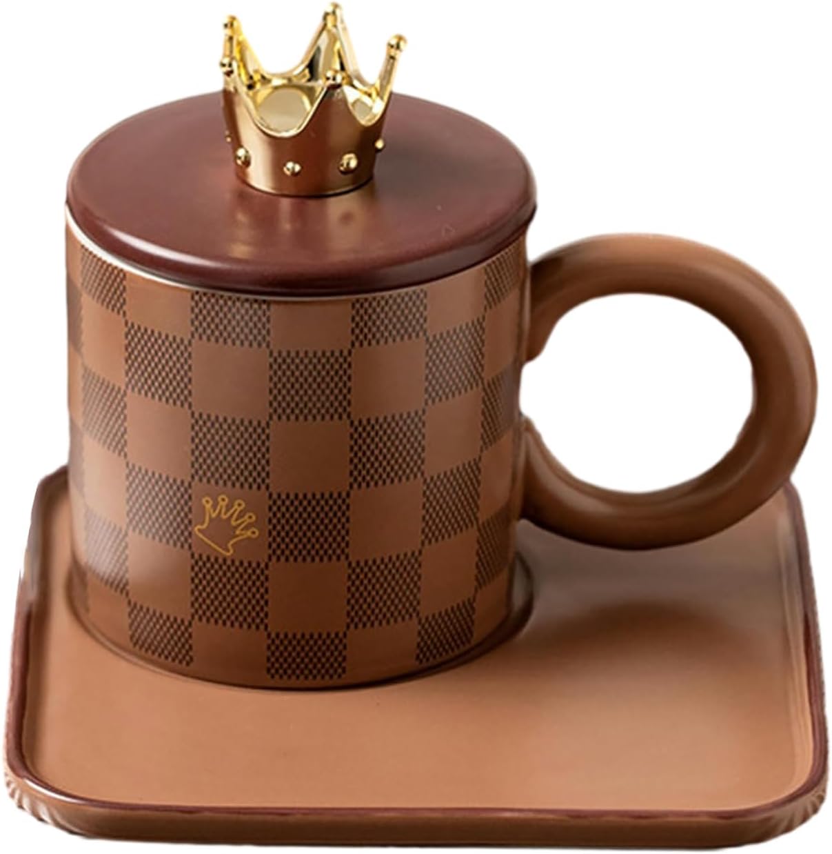 260ml Creative chessboard ceramic cups and plates with lids, large round handles, mugs, microwave ovens, office and home coffee cups-coffee