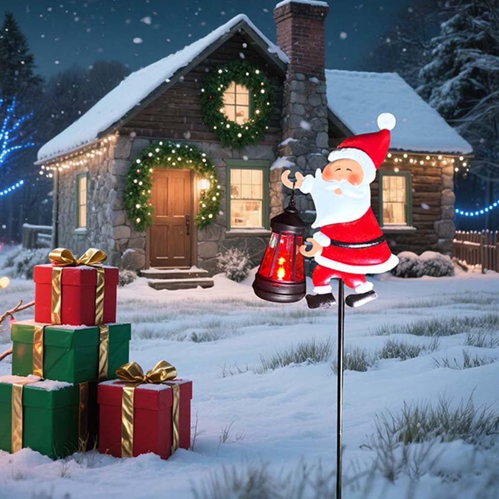 Christmas Santa Solar Kettle Lights Garden Lawn Decorative Lights, Hanging Metal Solar Santa Claus Watering Can with LED Light, Waterproof Outdoor Lantern Decoration for Yard Patio (A-Colourful)