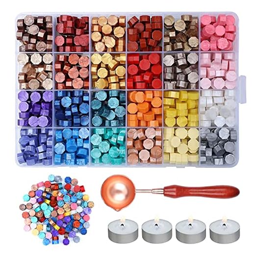 Mengxin 600 Piezas Lacre para Sellos con 4 Velas de Té + 1 Cuchara 24 Colores Cera Lacre Octagonal Sellos de Lacre para Sobres Cartas Postales Boda Invitaciones de Boda Carta Amor