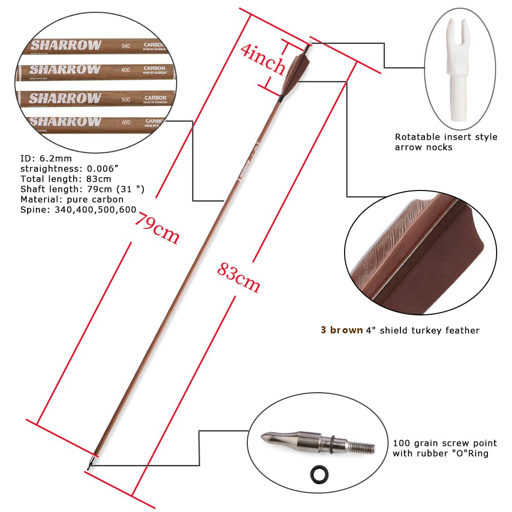 Flechas de Carbono Puro para Tiro con Arco, 32 ", Spine 340/400/500/600, Flechas de Caza para Arco Compuesto y recurvo
