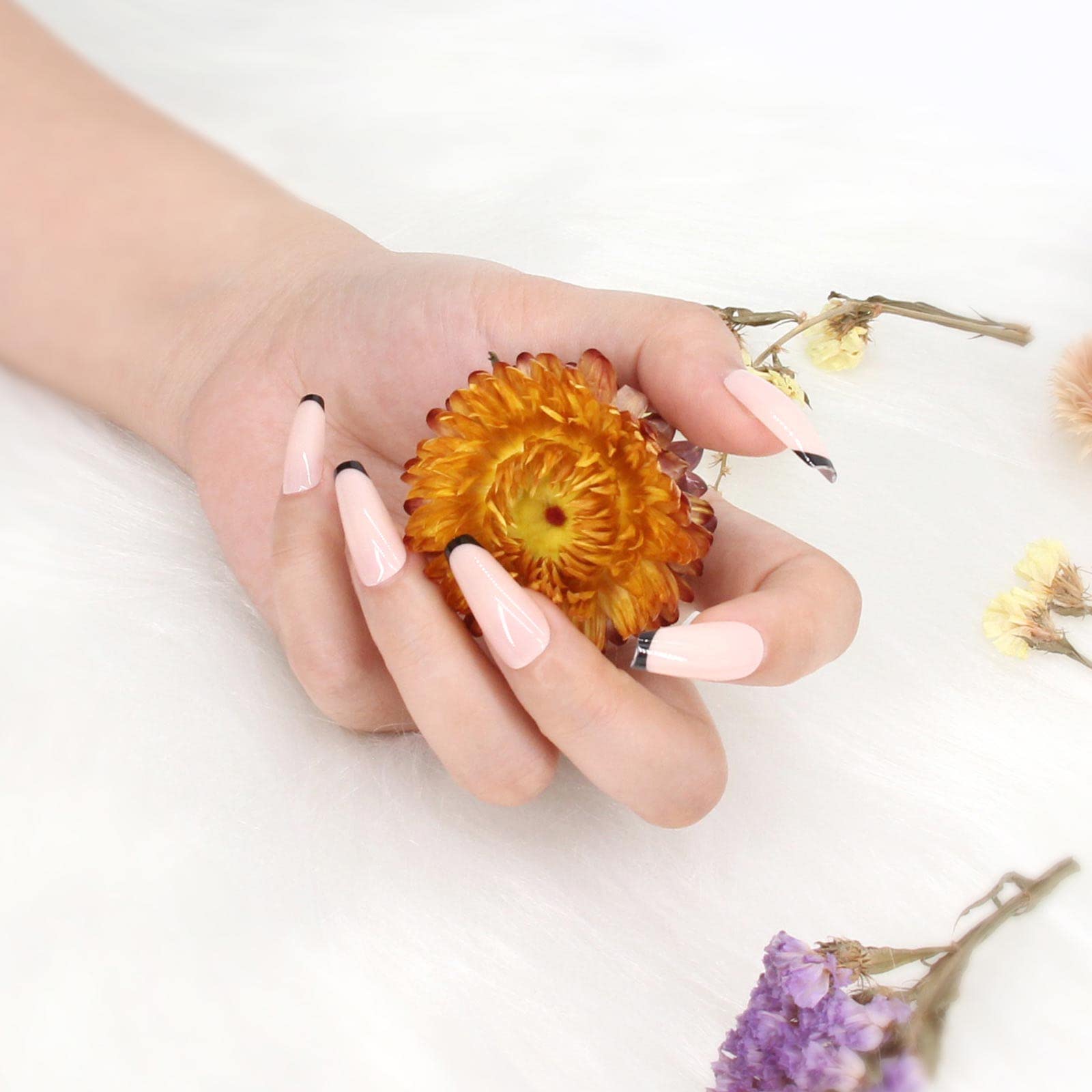 36pcs French Tip Press On Nails Medium Coffin Shape, Glossy Nude Pre-Glued False Nails (NUDE-BLACK)