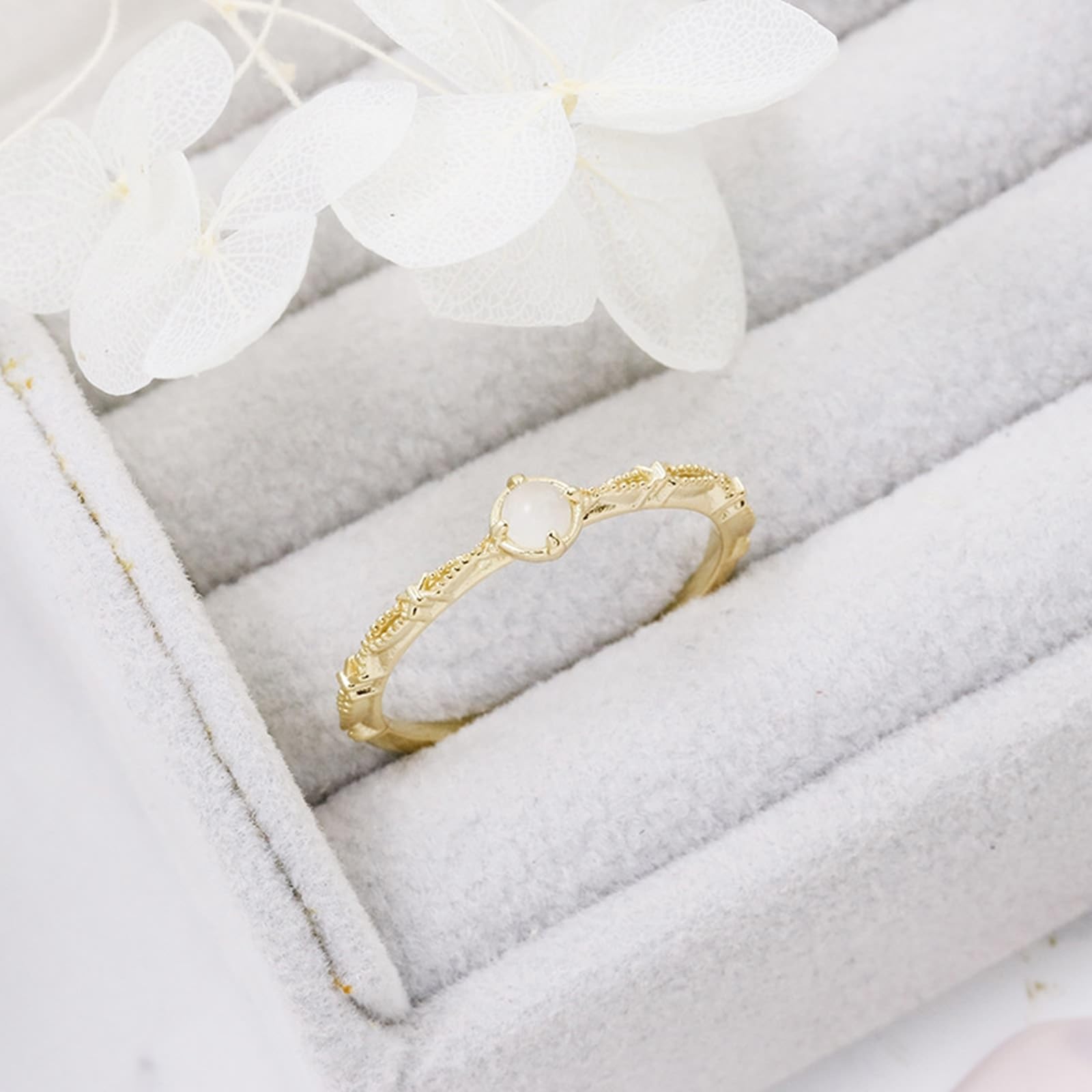 Anillo solitario Au 375/585/750, oro auténtico con piedra lunar, alianzas de boda solitarias