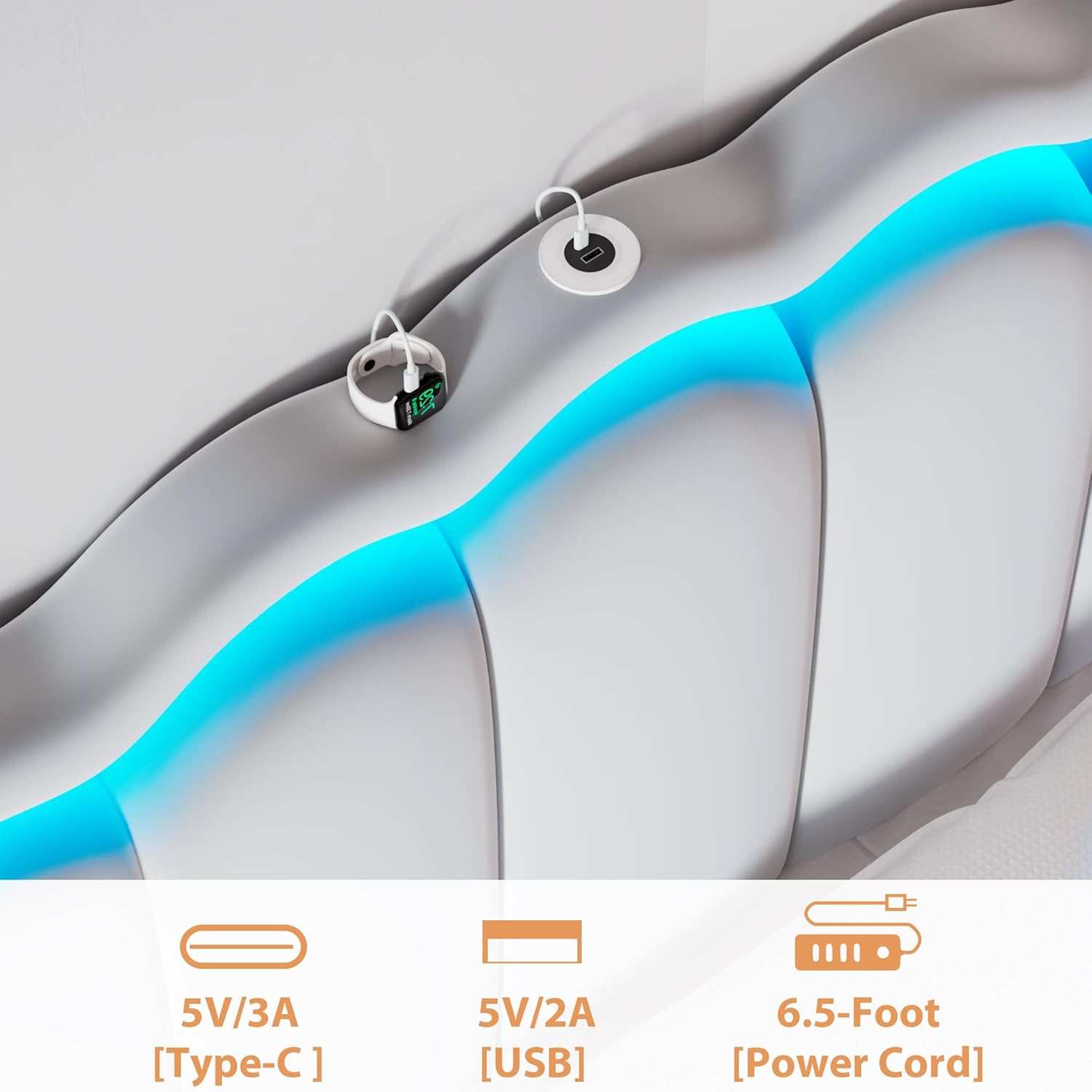 Close-up of the USB and Type-C charging ports on the headboard.